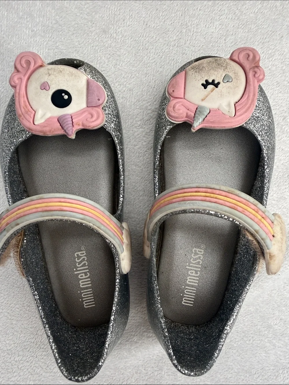 Mini Melissa Girls Silver Glitter Mary Janes with Pink Unicorn Accents